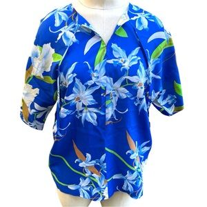 Nani Of Hawaii Women’s Vintage 1970s Blue Floral Hawaiian Shirt Size M Pullover